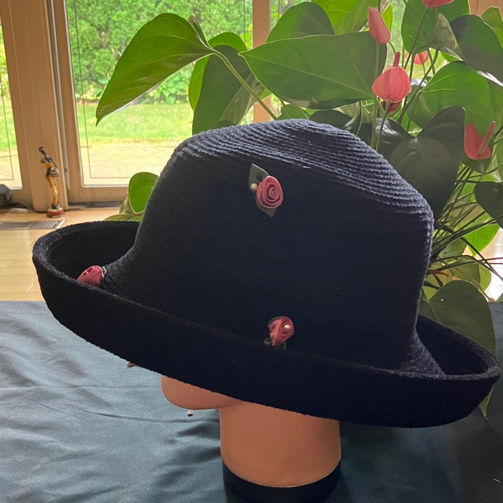 Black Chenille Hat with Pink Flower Accents - Picture 4 of 6